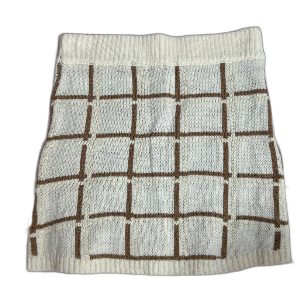 NWOT West of Melrose PacSun Cream Brown Grid Knit Sweater Mini Skirt Size S